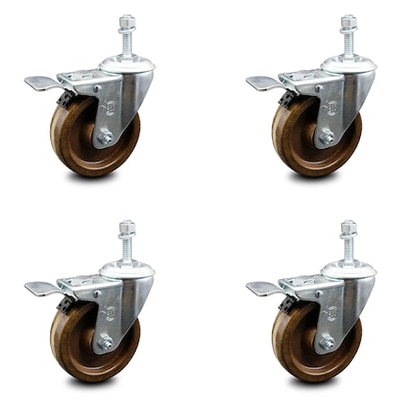 Service Caster 4 Inch High Temp Phenolic Swivel 10mm Stem Caster Set with Total Lock Brake SCC-TSTTL20S414-PHRHT-M1015-4